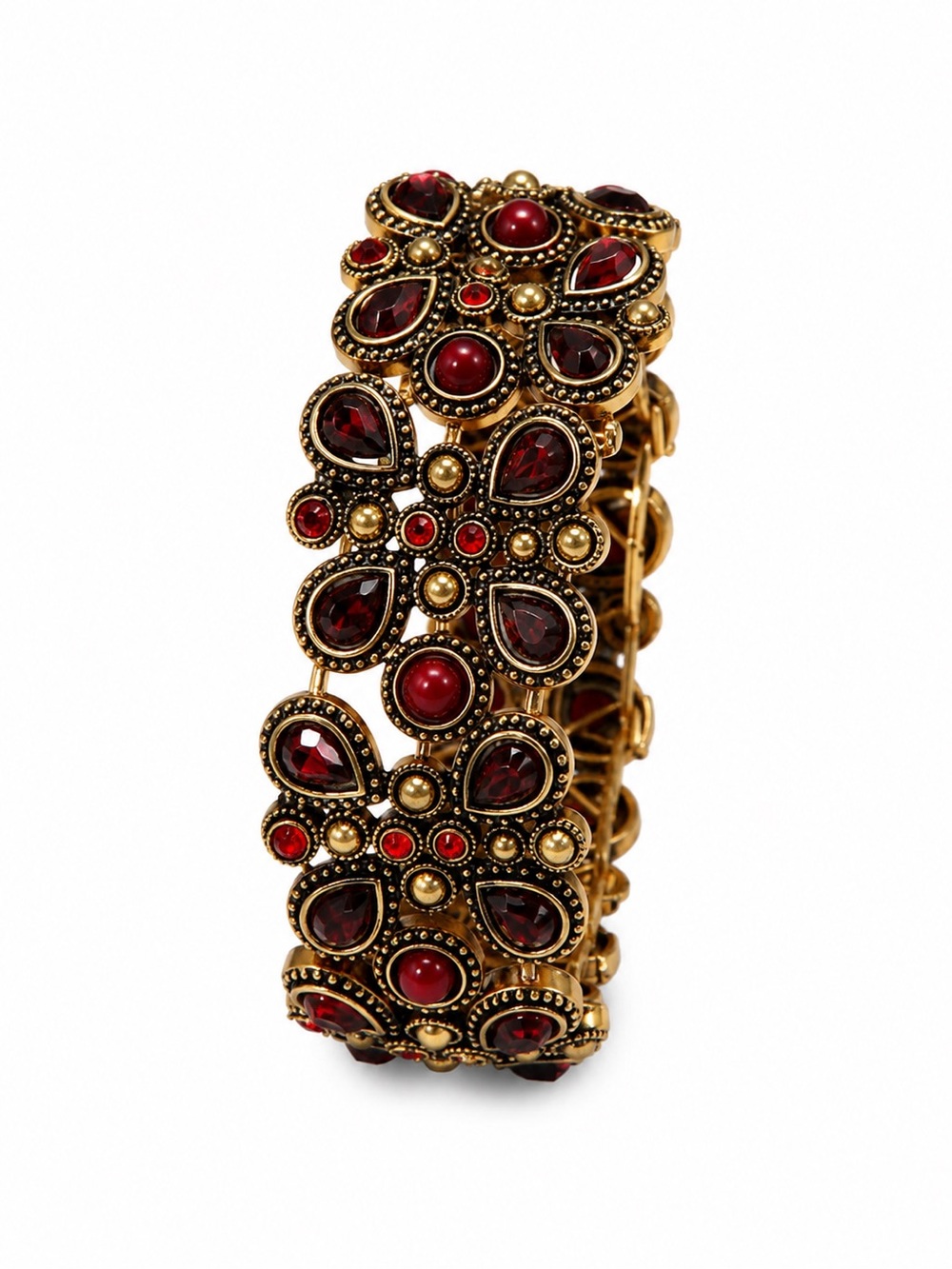 Vintage Victorian Revival Red Rhinestone Wide Stretch Bracelet Gold Tone Stateme